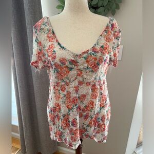 Torrid Floral Lace Blouse with Pink and Orange Accents
